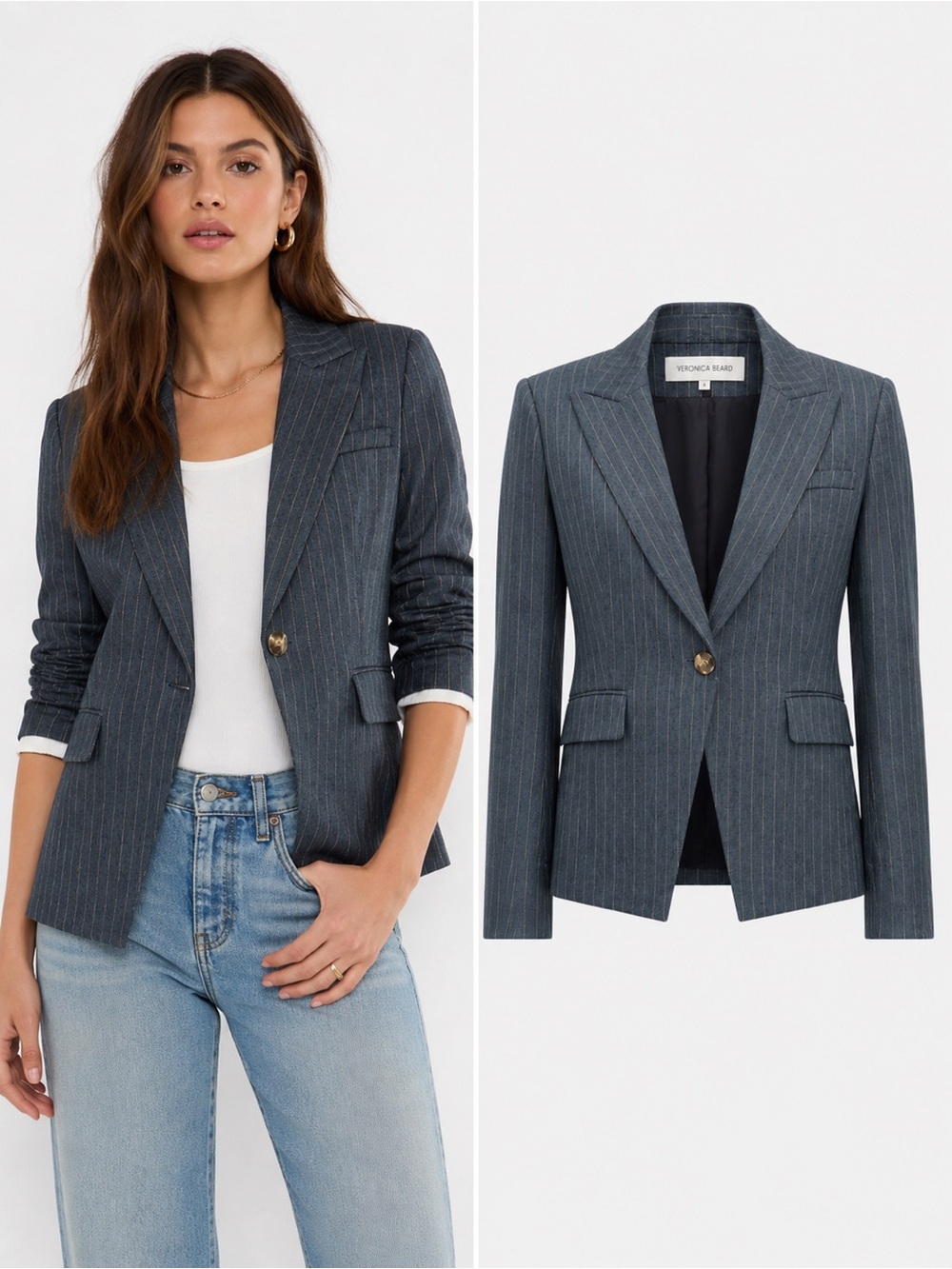 Veronica Beard Blue Dove Pinstripe Obie Dickey Blazer Jacket Linen Blend Size 8